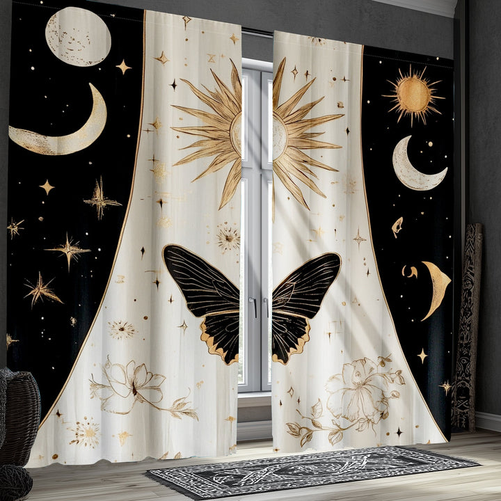 2 cortinas decorativas góticas con motivos de fases lunares, sol, estrellas y flores en negro y dorado