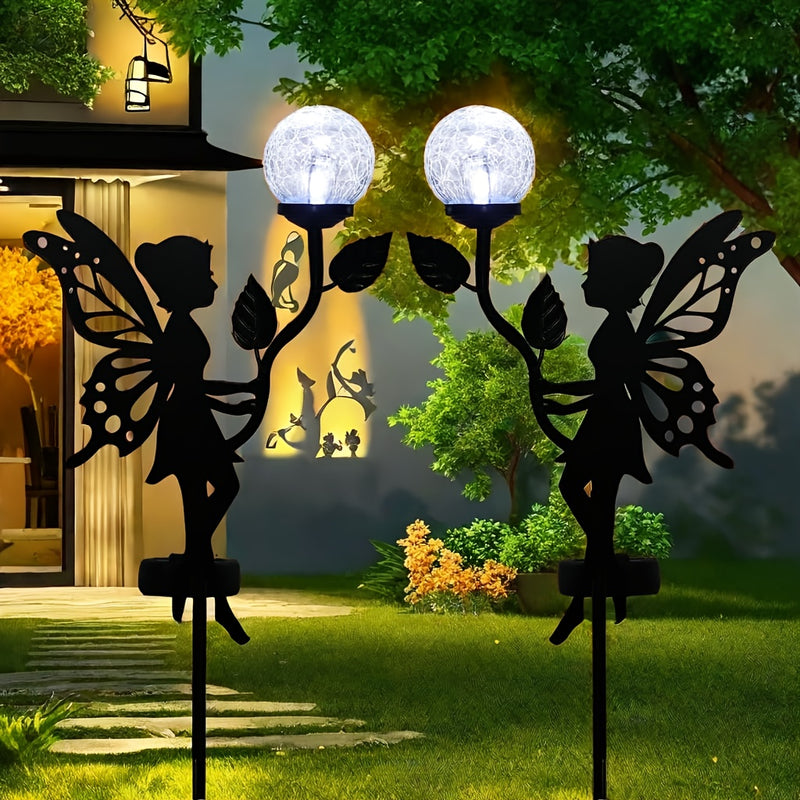 2 Piezas de Decoración Solar para Jardín de Hadas, Estatuas de Metal con Globos de Vidrio Craquelado y Luces, Silueta IPX4 para Exteriores, Patio, Jardín, Caminos, Regalos de Jardinería para el Día de la Madre, Decoración para Exteriores y Césped