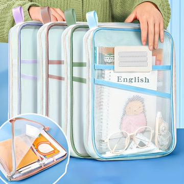Bolsa de Archivo con Cremallera Tamaño A4 - Malla Transparente Engrosada, Material Duradero de Nailon, Bolsa de Almacenamiento Multifuncional con Asas Coloridas, Ideal para Organizar Materiales de Exámenes Estudiantiles, Libros y Papelería de Oficina