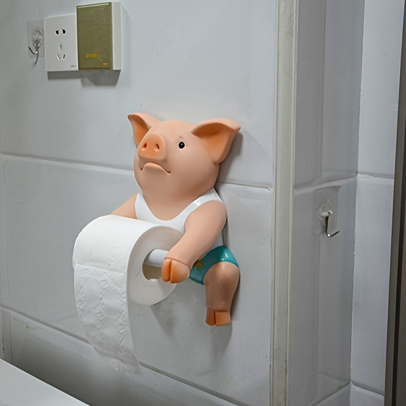 1pc Lindo soporte de papel higiénico de cerdo, dispensador de rollo de papel de resina, montaje en pared autoadhesivo, para baño