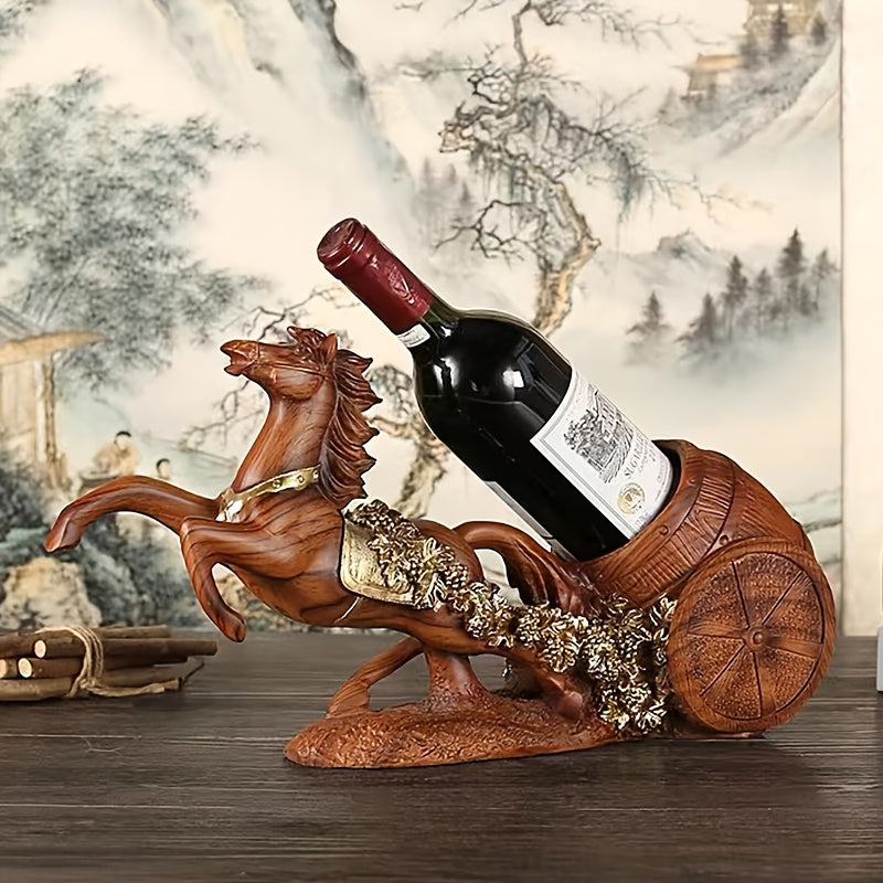 Soporte para Vino de Caballo Dorado Vintage - Cesta Decorativa Retro con Resina y Piedras Preciosas, Estilo Europeo de Lujo Ligero para 2 Botellas en Salón o Mueble TV, Accesorio para Bar Hogareño, Soporte Duradero, Regalo Ideal