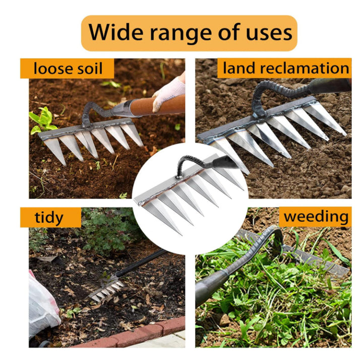 Rastrillo de Jardín de Acero al Carbono Resistente con 8, 6 o 5 Dientes - Herramienta Duradera para Deshierbe y Suelos Resistentes, Mango para Agarre Fácil, Ideal para la Eliminación Segura de Malezas en Jardines