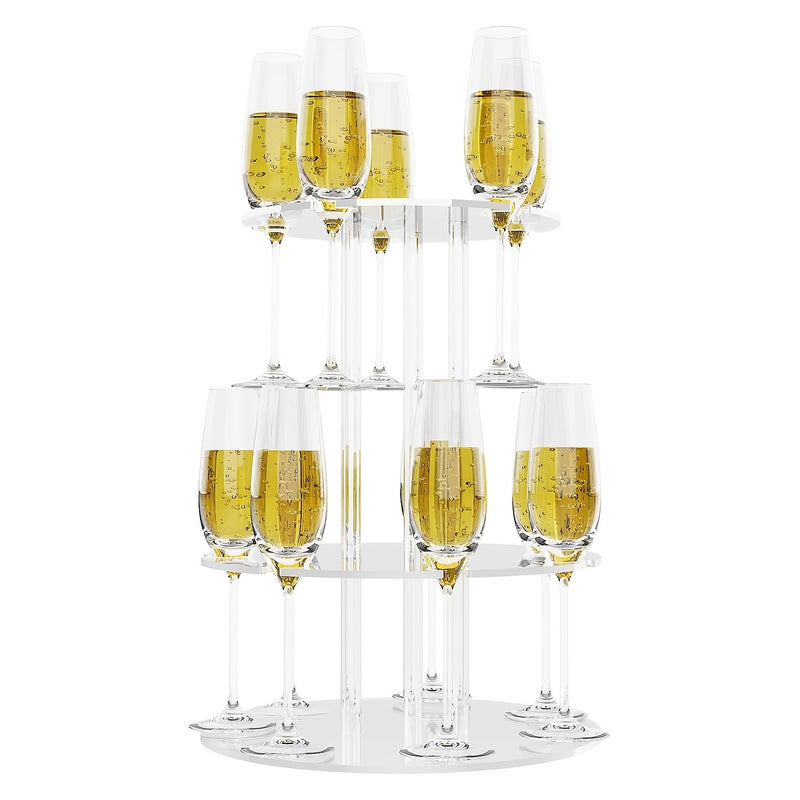 Soporte Elegante de 3 Niveles para Cócteles Transparente con Acrílico y 12 Porta Vasos - Exhibidor de Copas de Champán de Dos y Tres Pisos, Ideal para Fiestas y Eventos