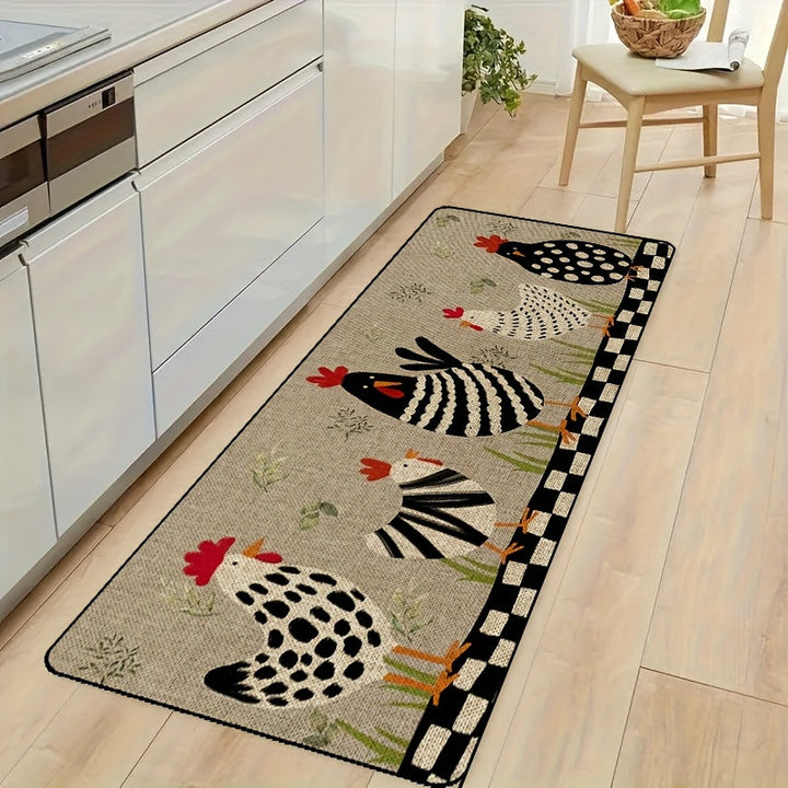 1pc Alfombra de Cocina Rústica de Secado Rápido con Estampado de Pollo 3D – Antideslizante, Poliéster Duradero para Decoración del Hogar, Baño y Uso Interior, Alfombra de Suelo de Cocina