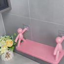 Estantes de pared modernos de plástico con figuras humanoides - Estantería de almacenamiento de varios niveles para baño, cocina o decoración de baño, detalles blancos y dorados, diseño de colgamiento de pared, estantes de baño | Estantes de pared modern