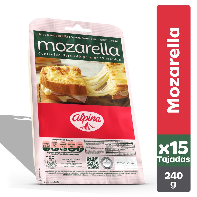 QUESO MOZARELLA ALPINA 240G 15TAJ