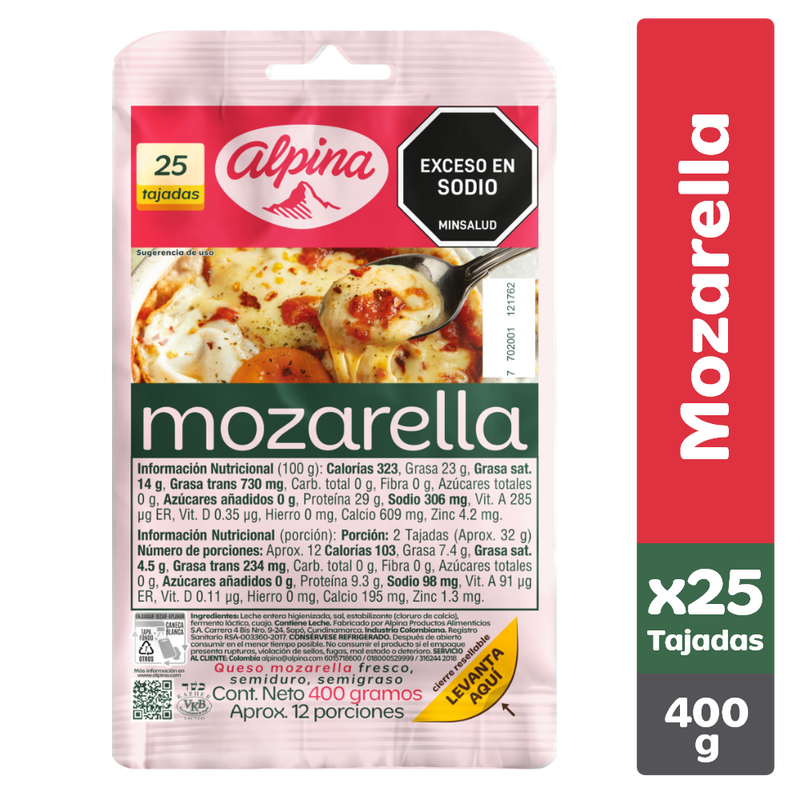 QUESO MOZARELLA ALPINA 400G 25TAJ